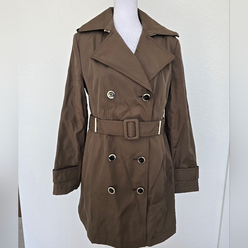 Calvin Klein Womens trench jacket coat Sz S brown button down, waist belt - Picture 2 of 10